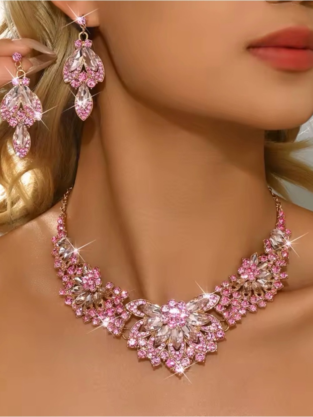 Elegant pink Crystal Floral Necklace and Earring Set